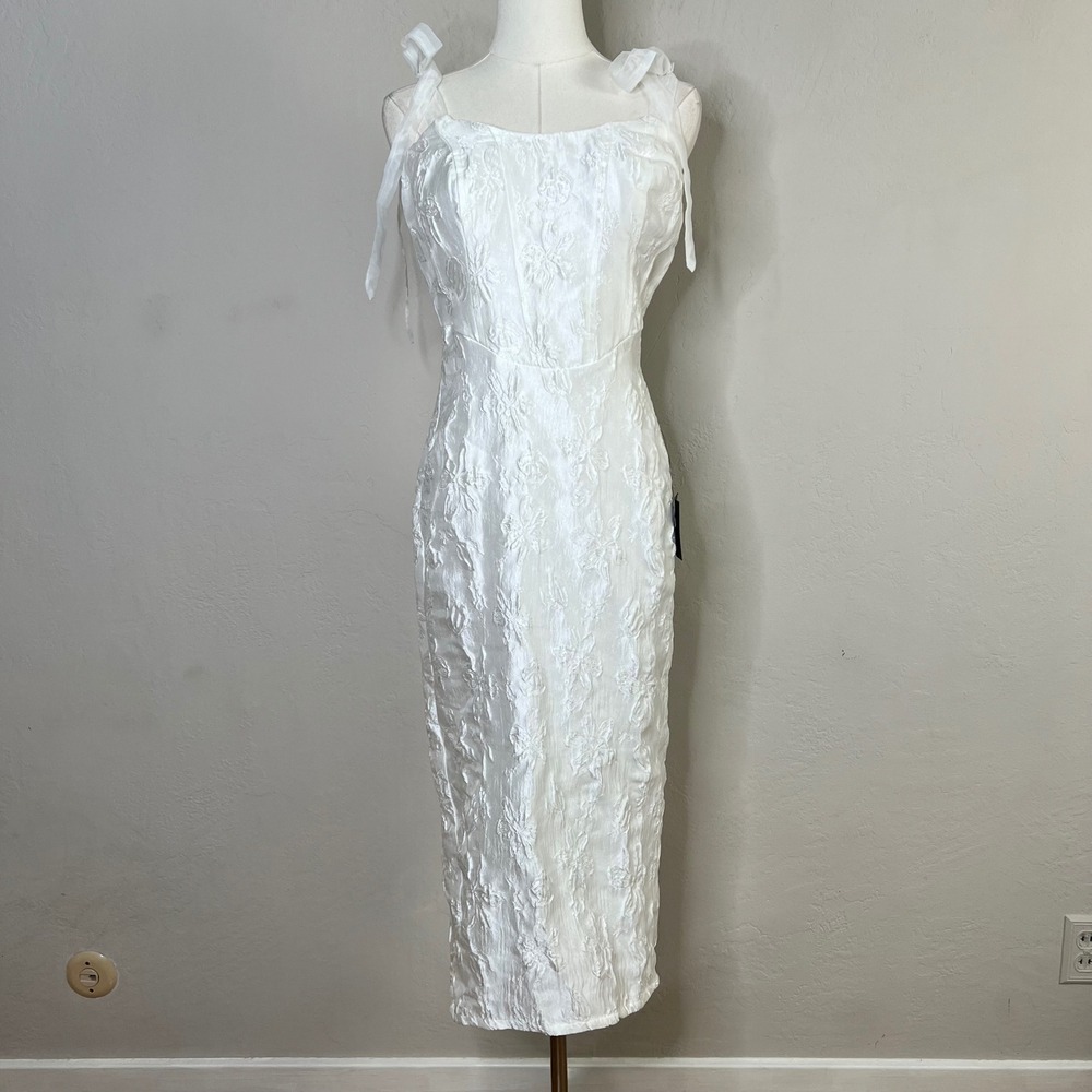 Lulus Midi Dress White Floral Embroidered Jacquard Tie Strap Corset Formal Small